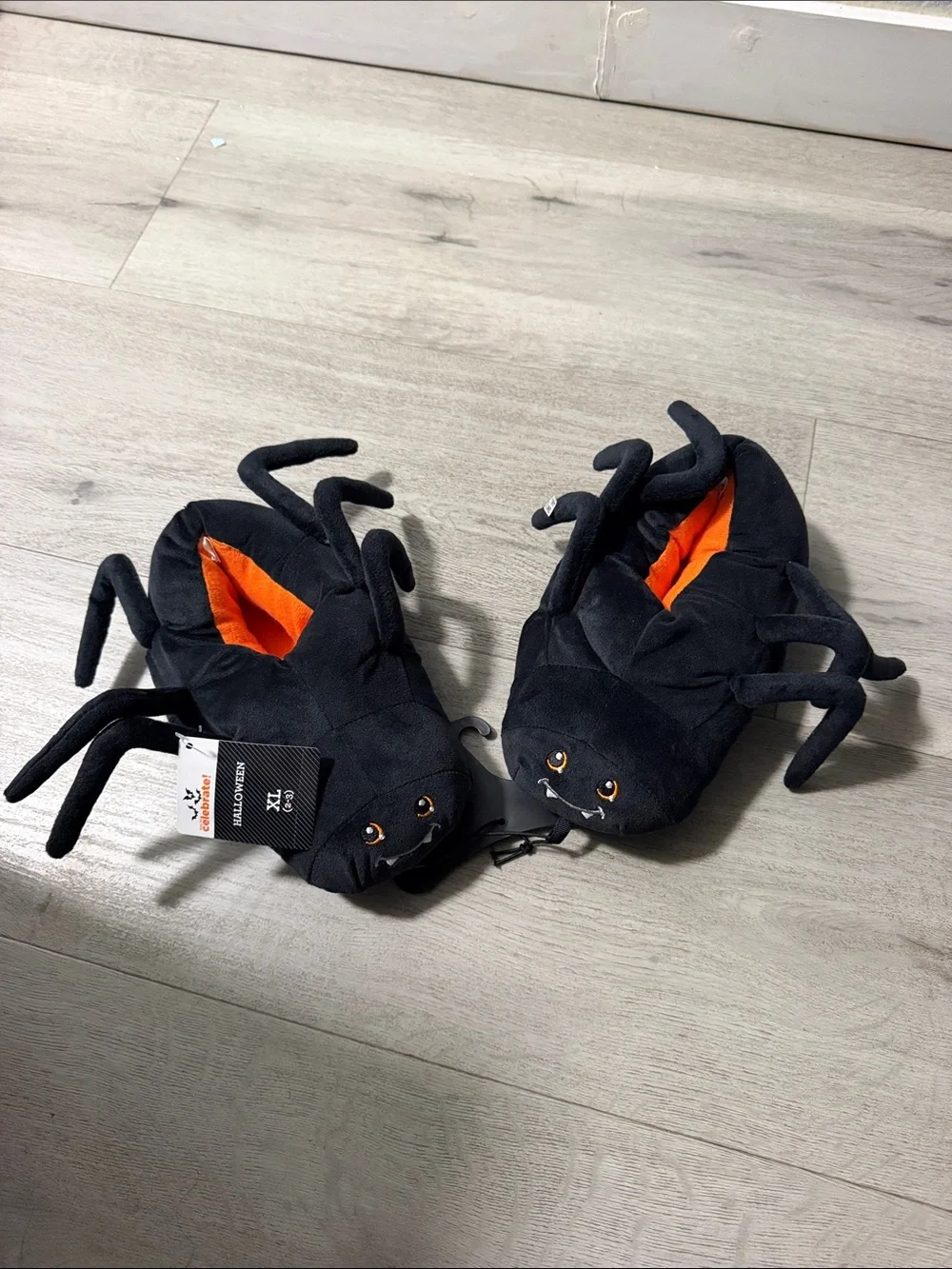 Kids Black Spider Plush Slip-On Slippers with Orange Lining